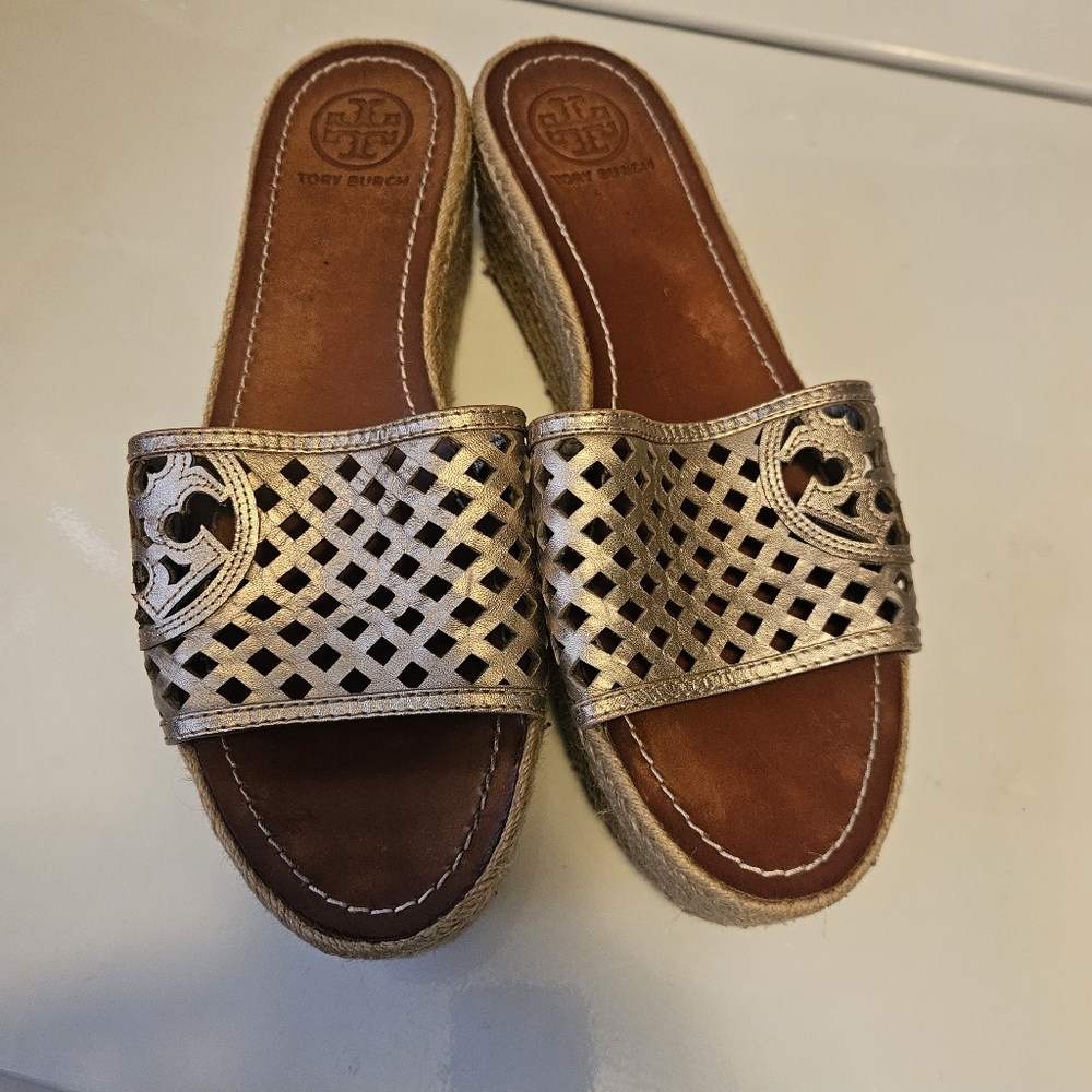 Tory Burch gold leather platform wedge sandals